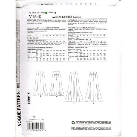 Vogue V1640 Misses 6 to 14 Flared Pants Uncut Sewing Pattern - Picture 2 of 2